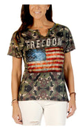 Liberty Wear Women's Freedom Flag Camo Print Short Sleeve Notched Neck Tee
