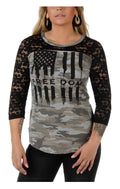 Liberty Wear Women's Bleeding Freedom Flag 3/4 Lace Sleeves Thermal Top - Camo
