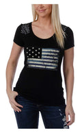 Liberty Wear Women's Liberty Flag Scoop Neck Casual Short Sleeve Tee - Black