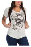 Liberty Wear Women's Lethal Lily Embellished V-Neck Short Sleeve Tee - Ivory