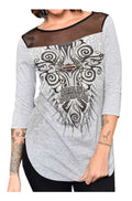 Harley-Davidson Women's Fall Fresh Embellished Mesh 3/4 Sleeve Top, Gray