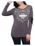 Harley-Davidson® Women's Embellished Unleashed Scoop Neck Long Sleeve Top - Gray