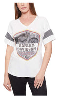 Harley-Davidson Women's Embellished Bike V-Neck Striped Short Sleeve Tee - White