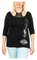 Harley-Davidson® Women's Embellished Flames B&S Mesh Neck 3/4 Sleeve Top - Black