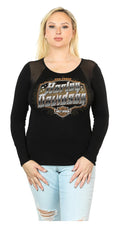 Harley-Davidson® Women's Aggressive Logo Mesh Detail Long Sleeve T-Shirt, Black