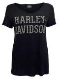 Harley-Davidson Women's Fasten Grommet Sleeve Accents V-Neck Top - Black