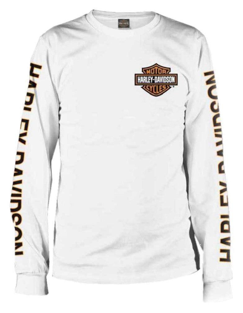Harley-Davidson® Men's Long Sleeve Orange Bar & Shield White Tee Shirt