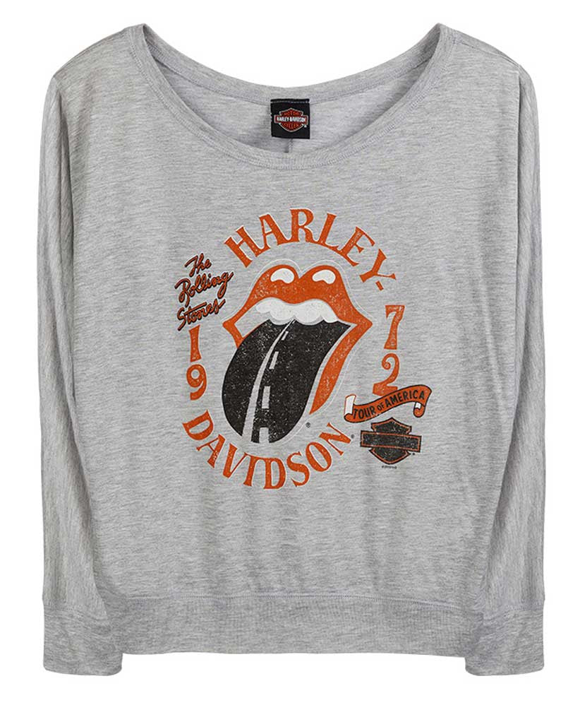 Harley-Davidson® Womens Rolling Stones Highway Long Sleeve Off-Shoulder Tee, Gray