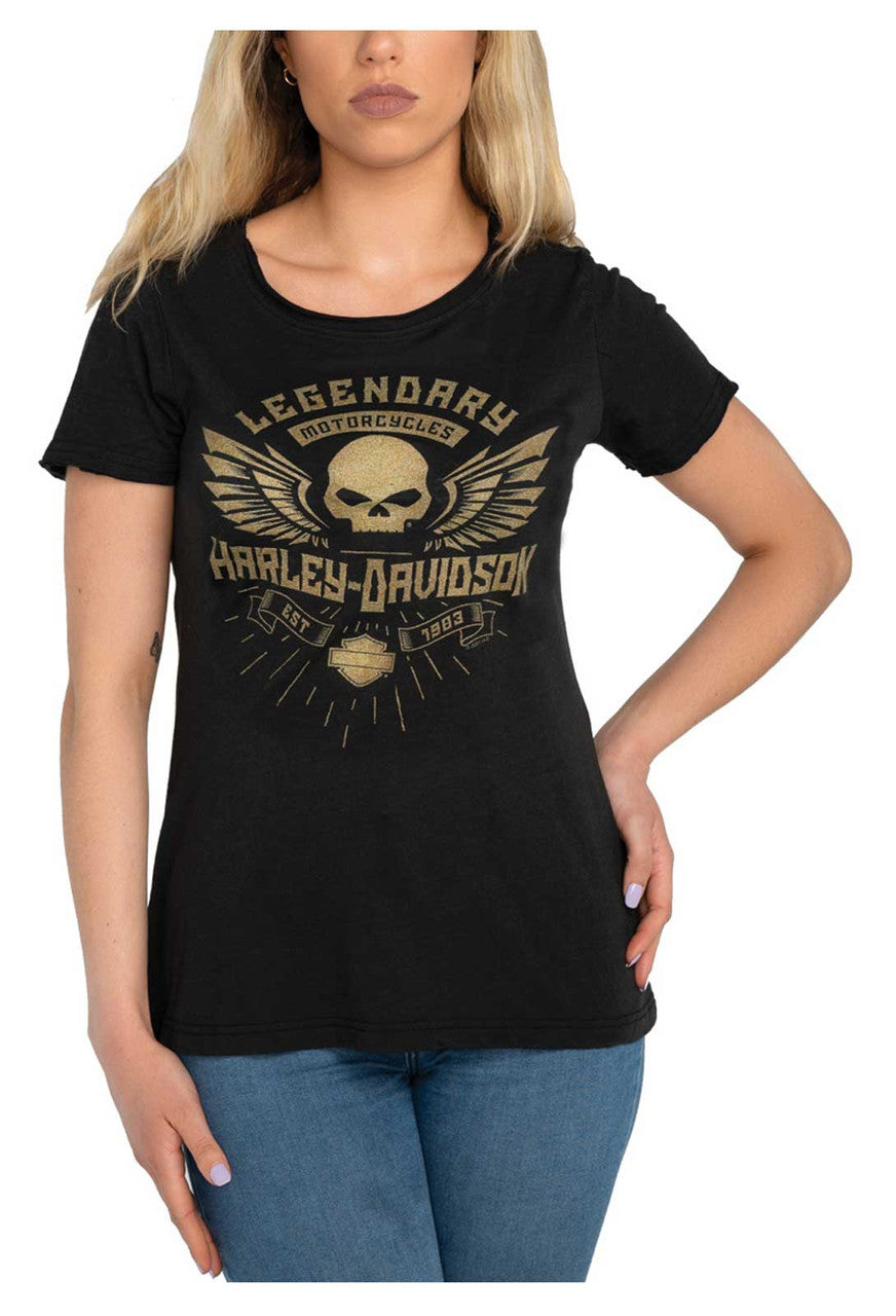 Harley-Davidson Women's Metallic Phantom Short Sleeve Scoop Neck Tee - Black