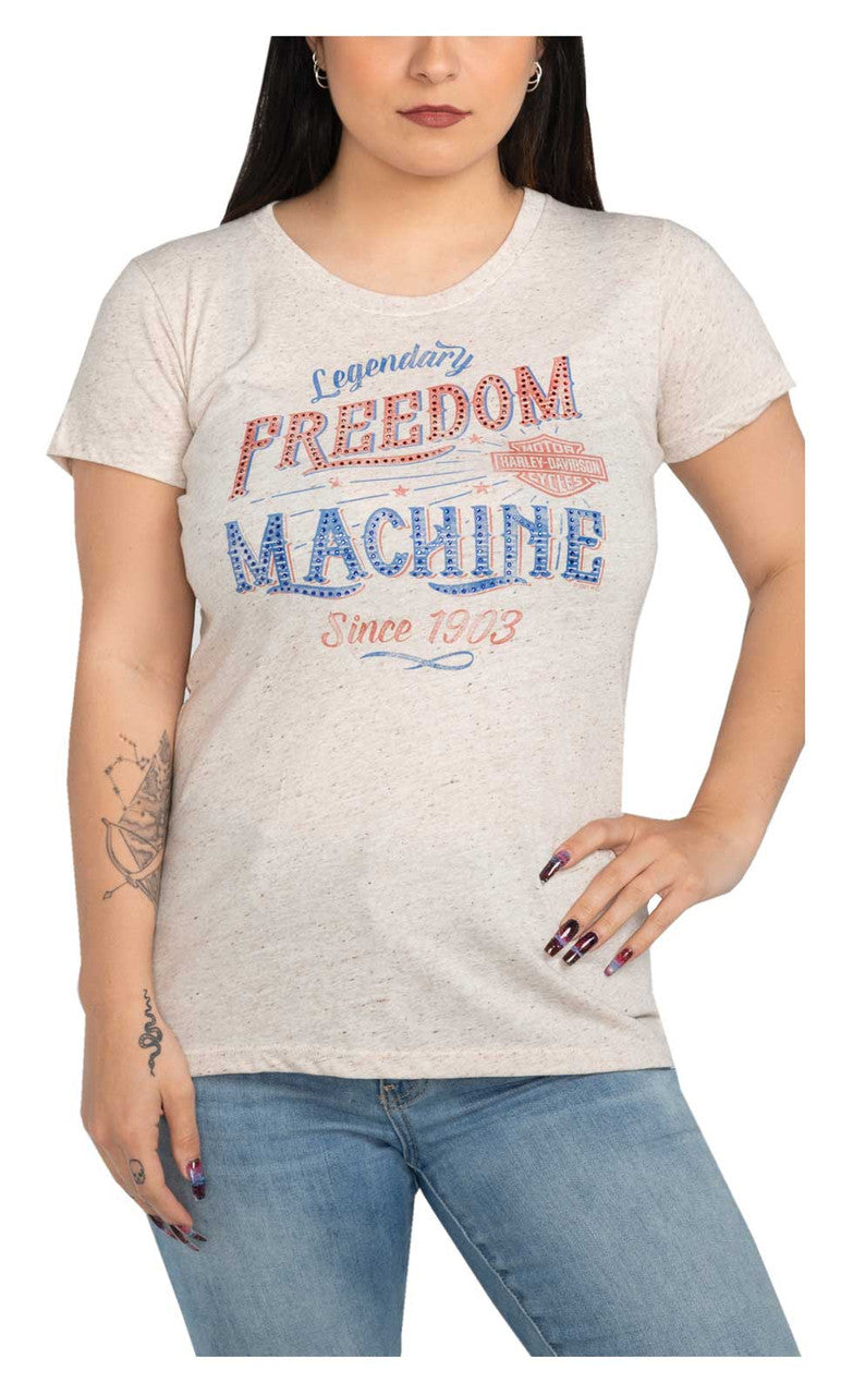 Harley-Davidson® Women's Embellished Source Scoop Neck Short Sleeve Tee - Oatmeal