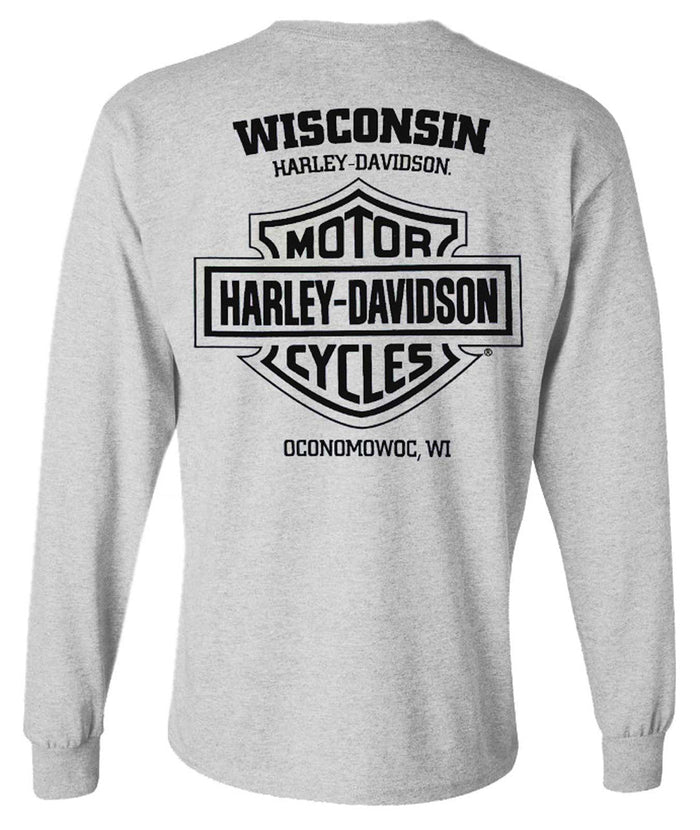 Harley-Davidson® Men's Tracking Text Long Sleeve Crew-Neck Cotton Shirt - Gray