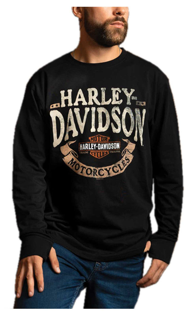 Harley-Davidson® Men's Tattered Long Sleeve Crew-Neck Cotton Shirt - Black