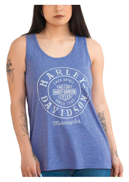 Harley-Davidson® Women's Silver Metallic High-Low Sleeveless Tank Top - Blue