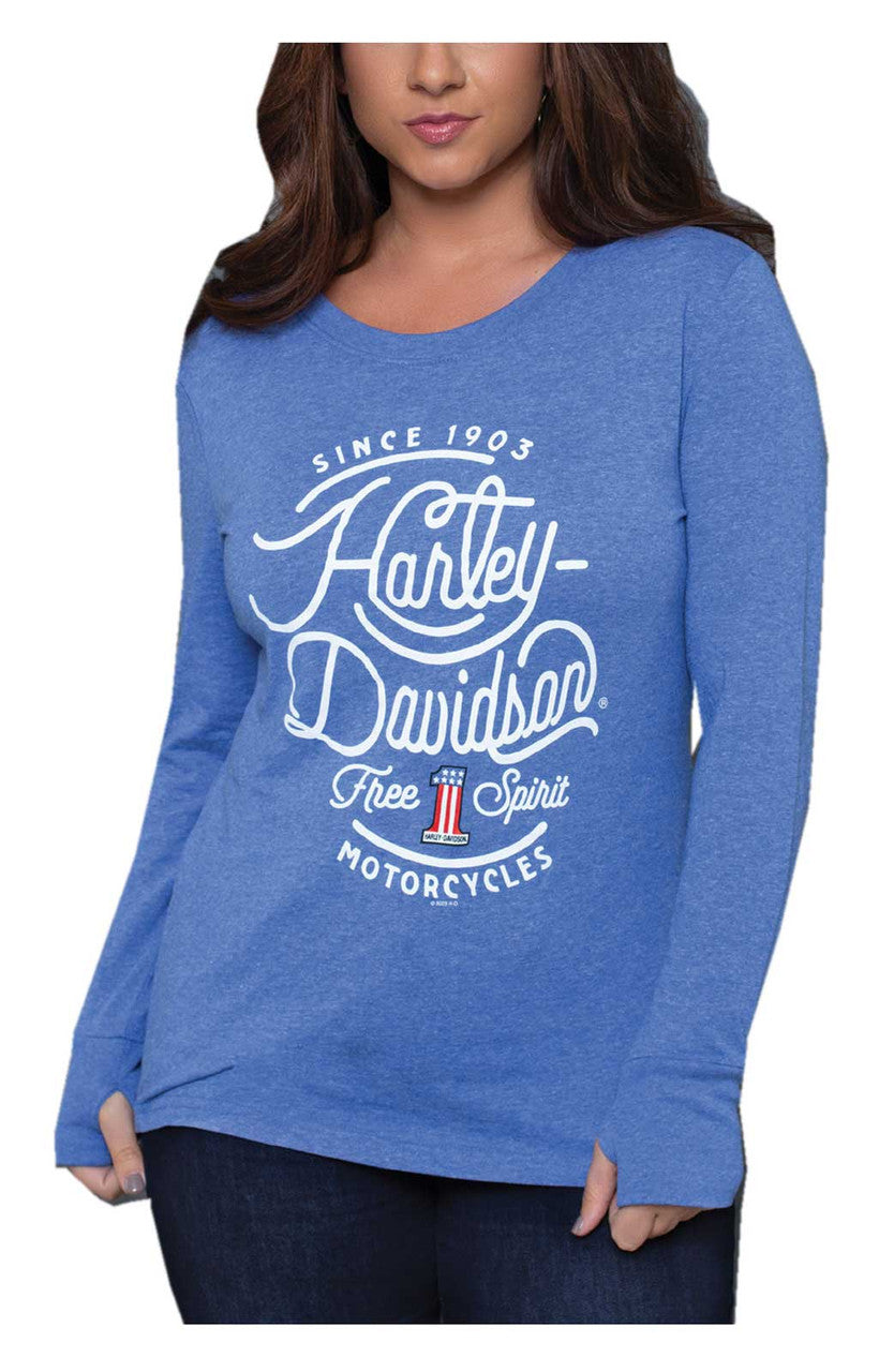Harley-Davidson® Women's Frolic Long Sleeve High-Low Scoop Neck Shirt, Blue