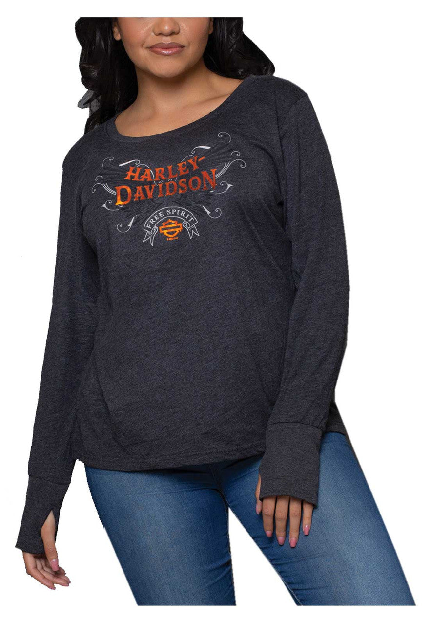 Harley-Davidson® Women's Foil Soul Flight Scoop Neck Long Sleeve Shirt - Black