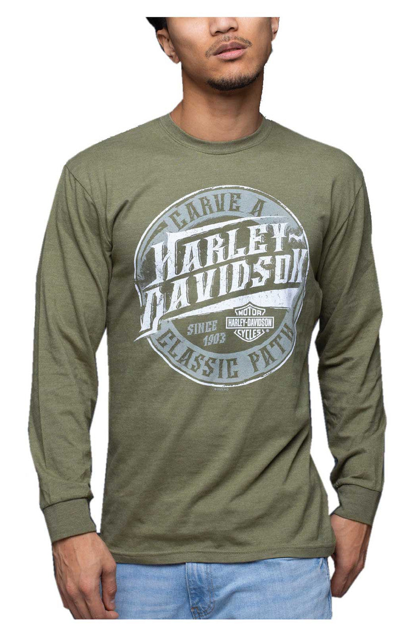 Harley-Davidson® Men's Carved Long Sleeve Crew-Neck Shirt, Military Green