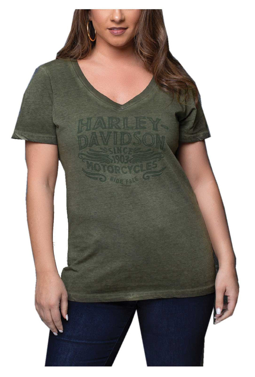 Harley-Davidson Women's Rugged Arch V-Neck Short Sleeve Tee, Wash Olive