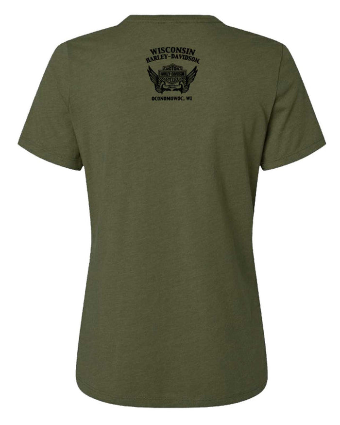 Harley-Davidson Women's Rugged Arch V-Neck Short Sleeve Tee, Wash Olive