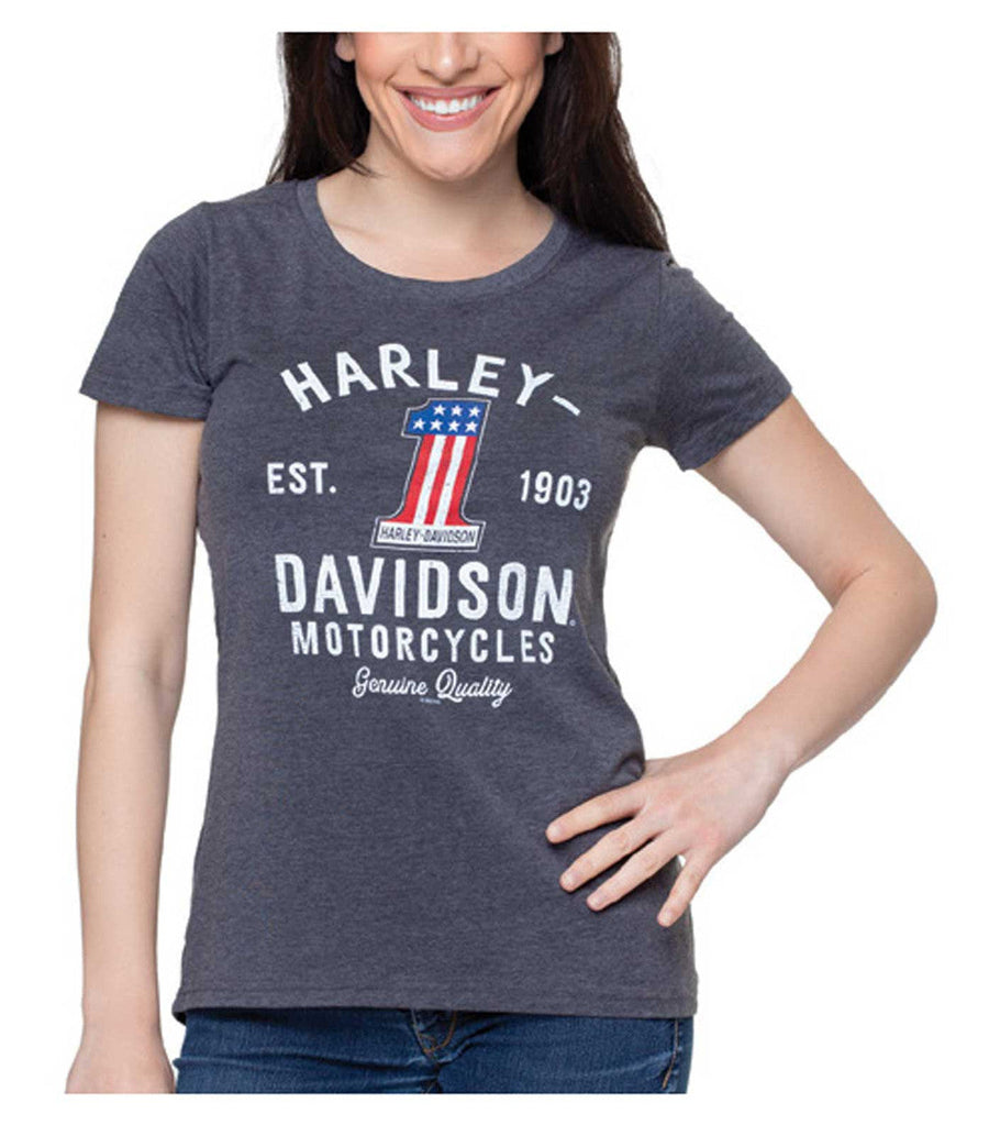 Harley-Davidson Women's Glamour Curved Hem Short Sleeve Scoop Neck Tee, Gray