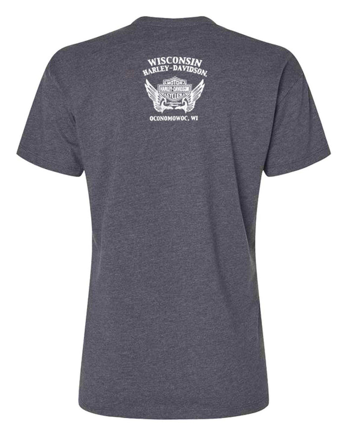 Harley-Davidson Women's Glamour Curved Hem Short Sleeve Scoop Neck Tee, Gray