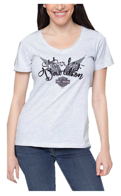 Harley-Davidson® Women's Foil Swirl Wings Raw-Edge V-Neck Short Sleeve Tee, White