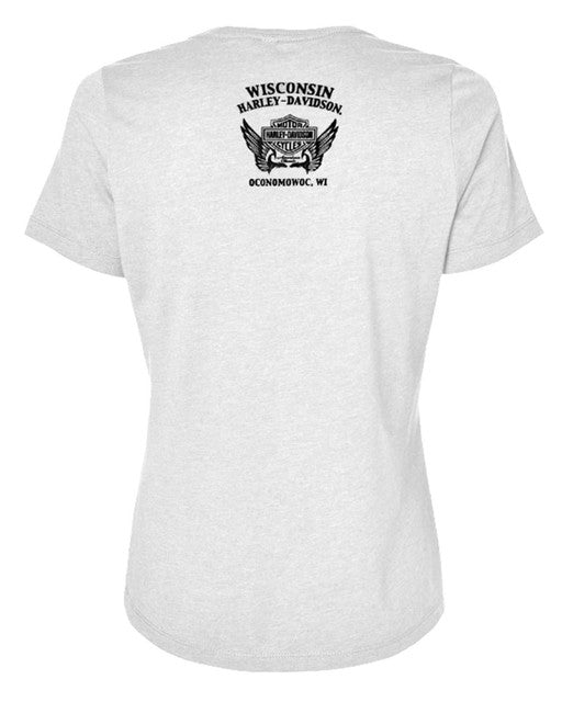 Harley-Davidson® Women's Foil Swirl Wings Raw-Edge V-Neck Short Sleeve Tee, White