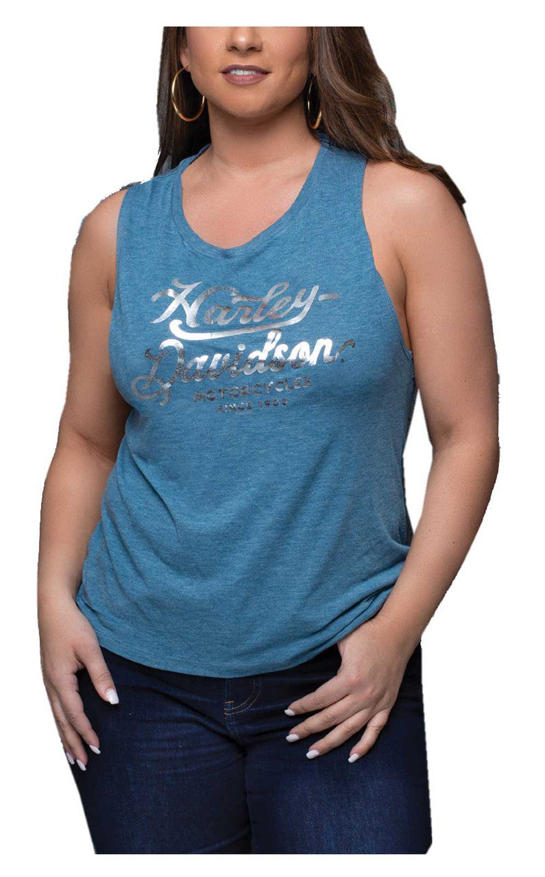 Harley-Davidson Women's Foil Elegantly Flowy Scoop Neck Muscle Tank Top, Teal