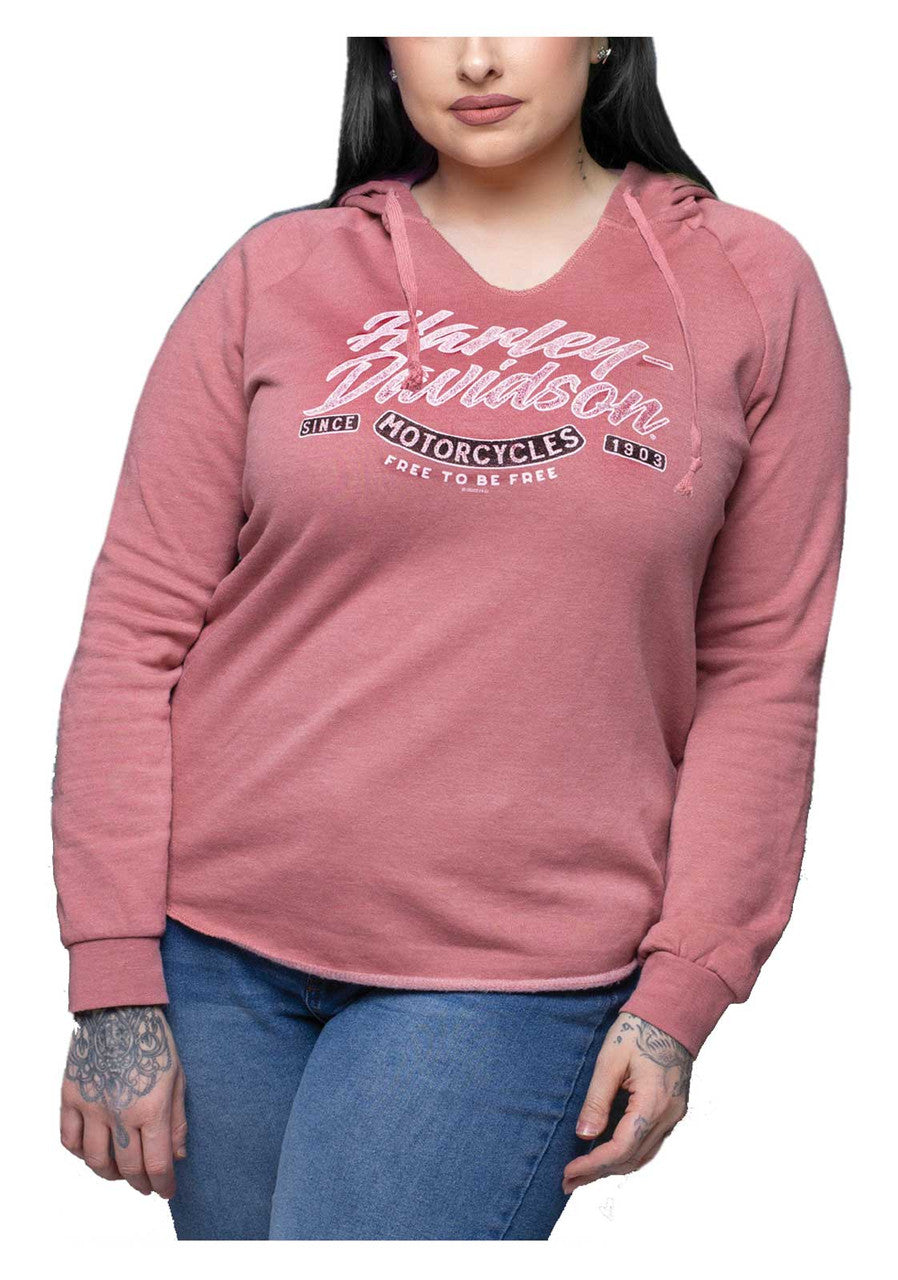 Harley-Davidson® Women's Color Script Curved Hem V-Neck Pullover Hoodie - Rose