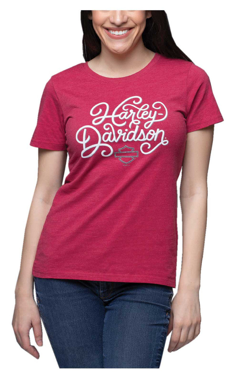 Harley-Davidson® Women's Embellished Leave Crew-Neck Short Sleeve Tee – Red