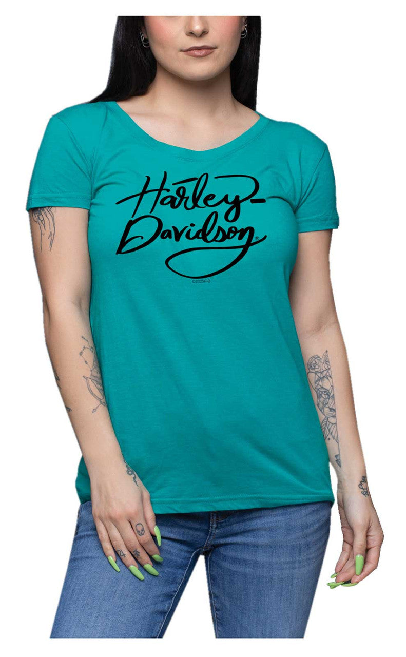 Harley-Davidson® Women's Scribble Pop Round Neck Short Sleeve Tee – Jade