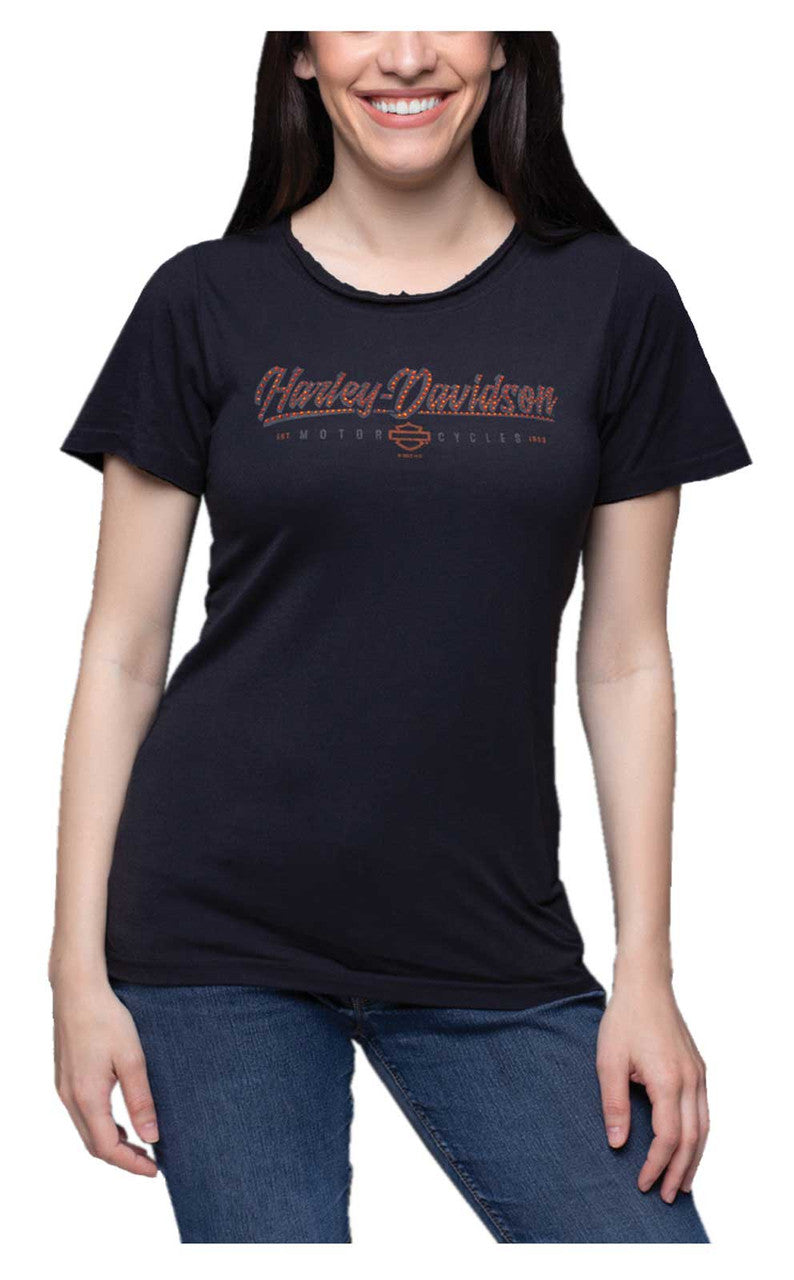 Harley-Davidson® Women's Believer Embellished Scoop Neck Short Sleeve Tee, Black