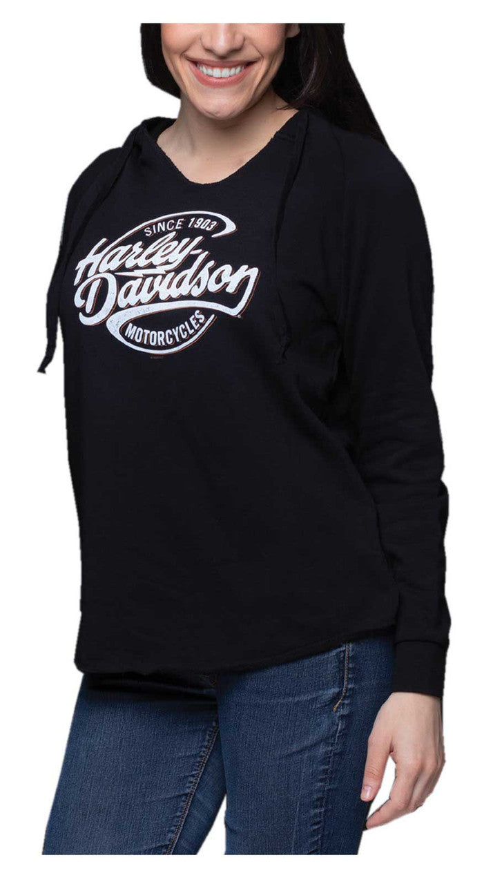 Harley-Davidson Women's Oil Surge Raw-Edge V-Neck Pullover Hoodie, Black