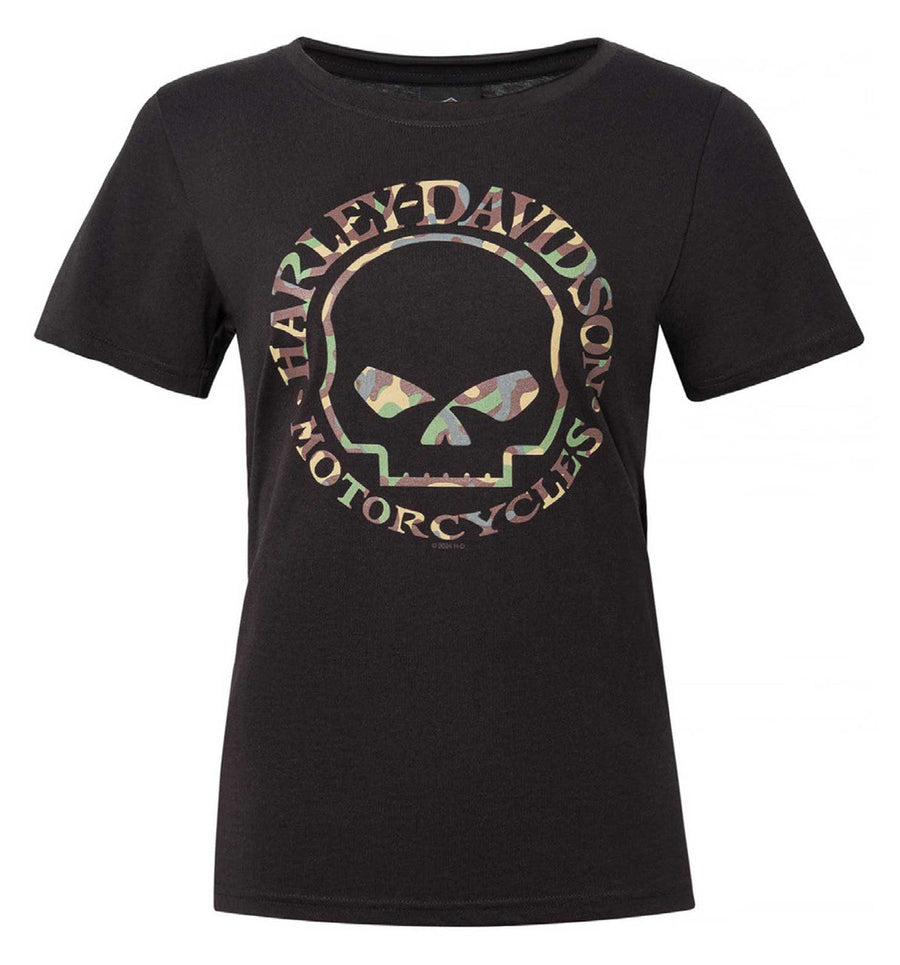 Harley-Davidson Women's Camo Willie G Skull Scoop Neck Short Sleeve Tee, Black