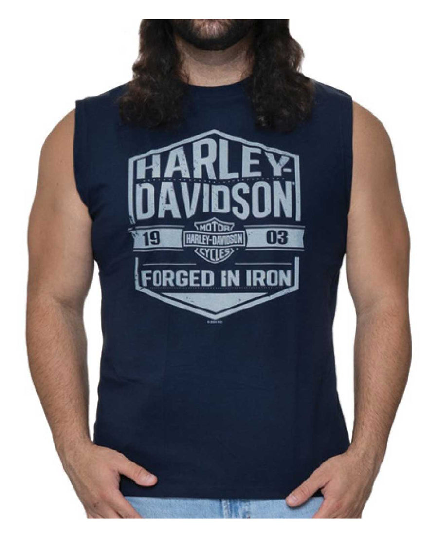 Harley-Davidson® Men's Forged In Sleeveless Crew-Neck Cotton Muscle Shirt, Navy