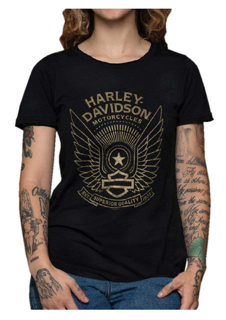 Harley-Davidson® Women's Whoosh Metallic Raw-Edge Short Sleeve Tee, Black