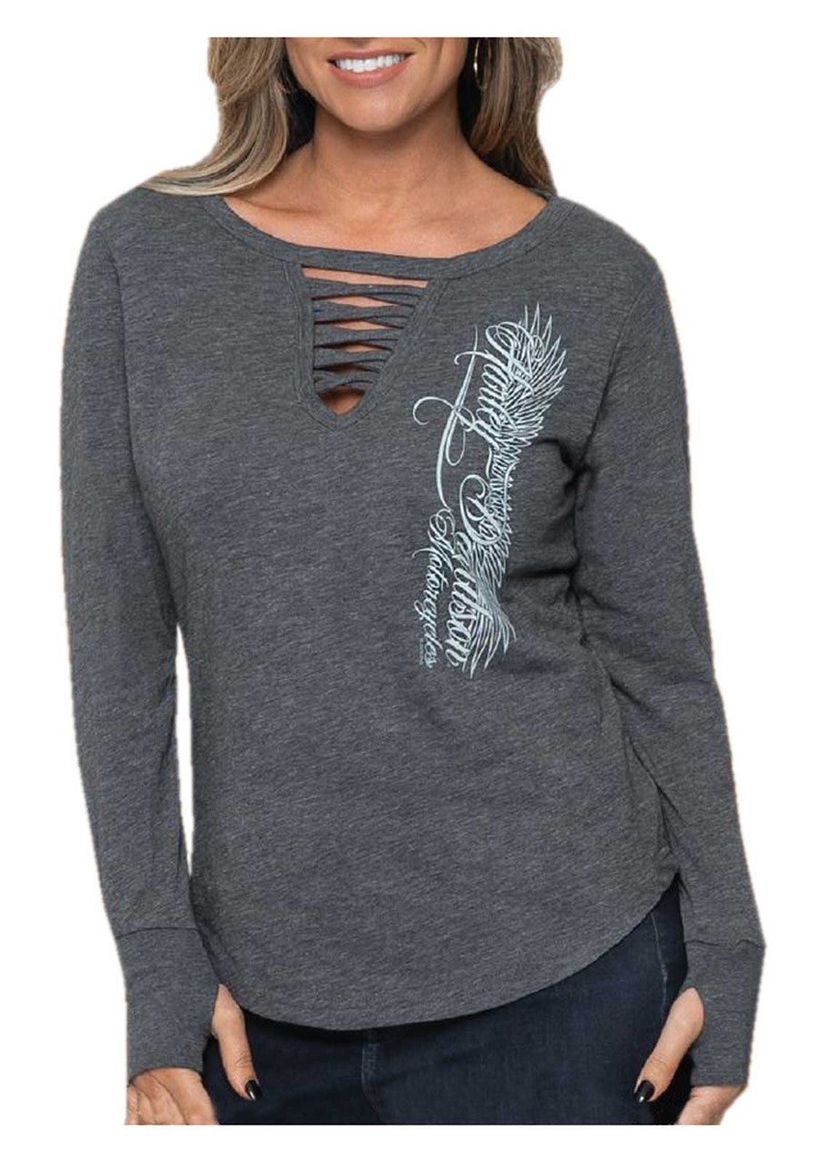 Harley-Davidson Women's Steep Cross Strap Long Sleeve Shirt, Dark Gray