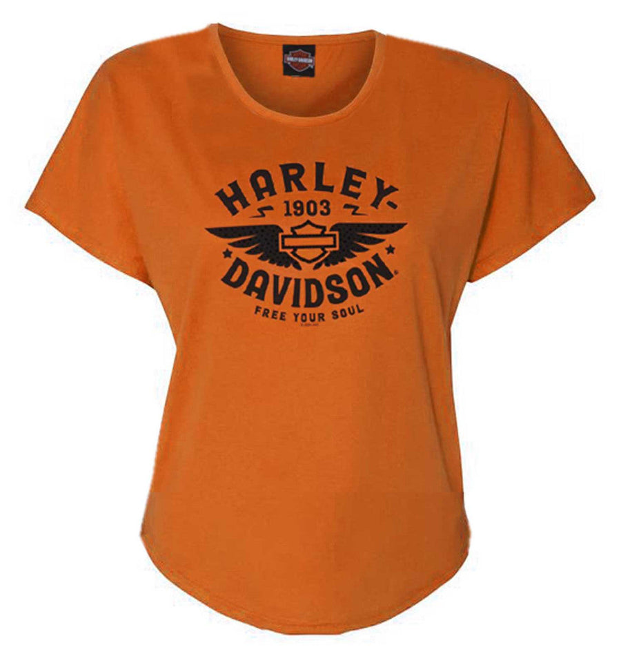 Harley-Davidson® Women's Embellished Gold Fest Crew-Neck Short Sleeve Tee, Orange