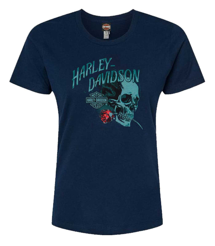 Harley-Davidson® Women's Frenzy Skull Short Sleeve Poly-Blend Tee, Midnight Navy
