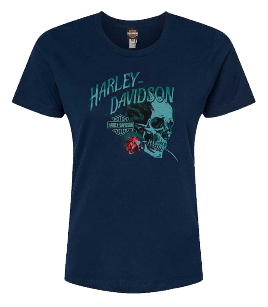 Harley-Davidson® Women's Frenzy Skull Short Sleeve Poly-Blend Tee, Midnight Navy