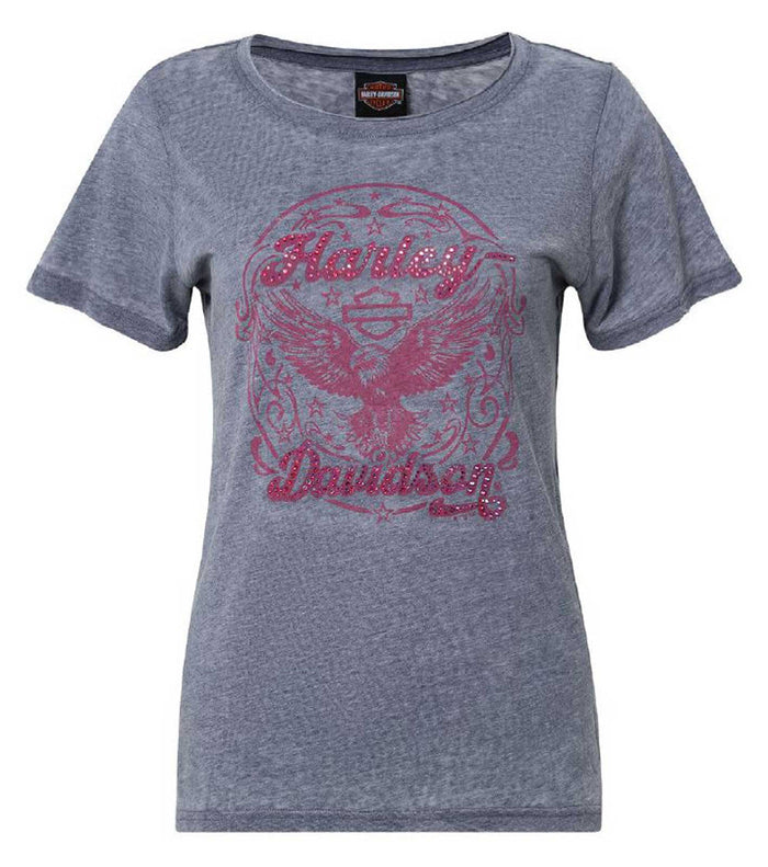 Harley-Davidson® Womens Retro Eagle Embellished Short Sleeve Poly-Blend Tee, Navy