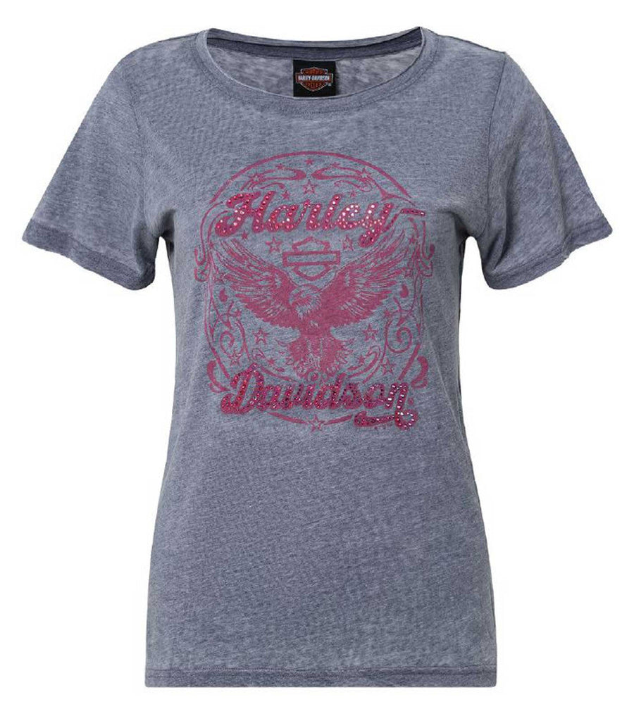 Harley-Davidson® Womens Retro Eagle Embellished Short Sleeve Poly-Blend Tee, Navy