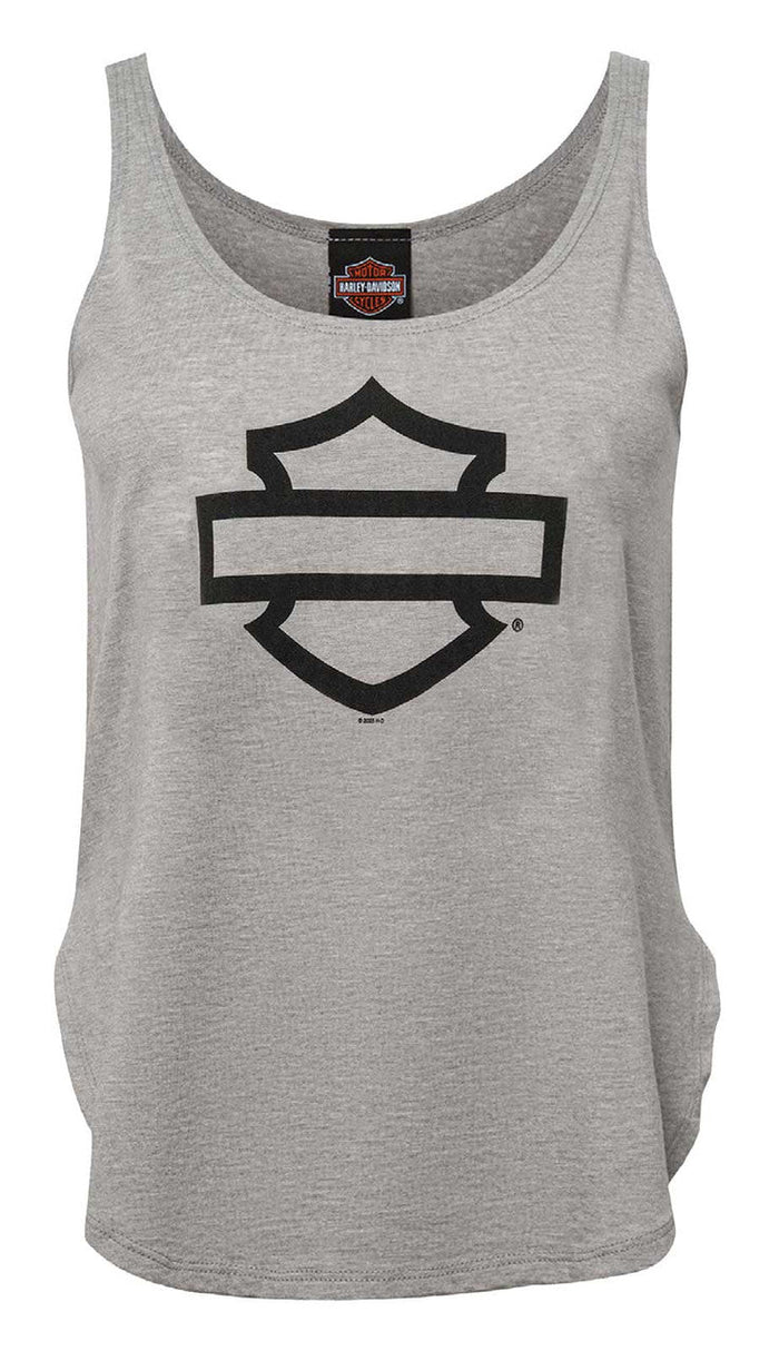 Harley-Davidson® Women's Open Bar & Shield Curved Hem Sleeveless Tank Top, Gray