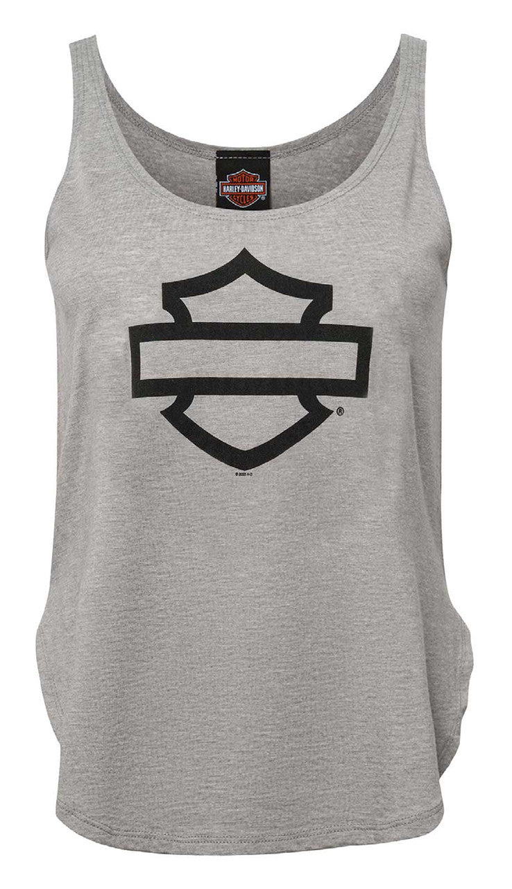 Harley-Davidson® Women's Open Bar & Shield Curved Hem Sleeveless Tank Top, Gray