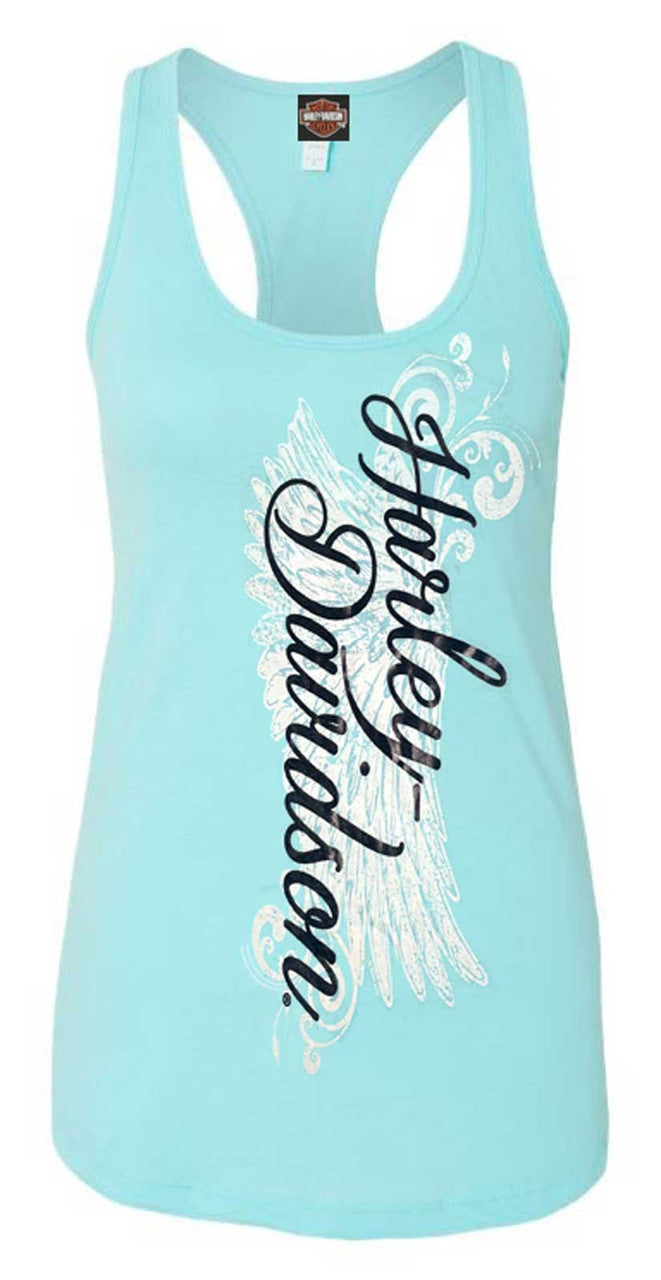 Harley-Davidson® Women's Road Diva Script Sleeveless Racerback Tank Top, Sky Blue