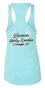 Harley-Davidson® Women's Road Diva Script Sleeveless Racerback Tank Top, Sky Blue
