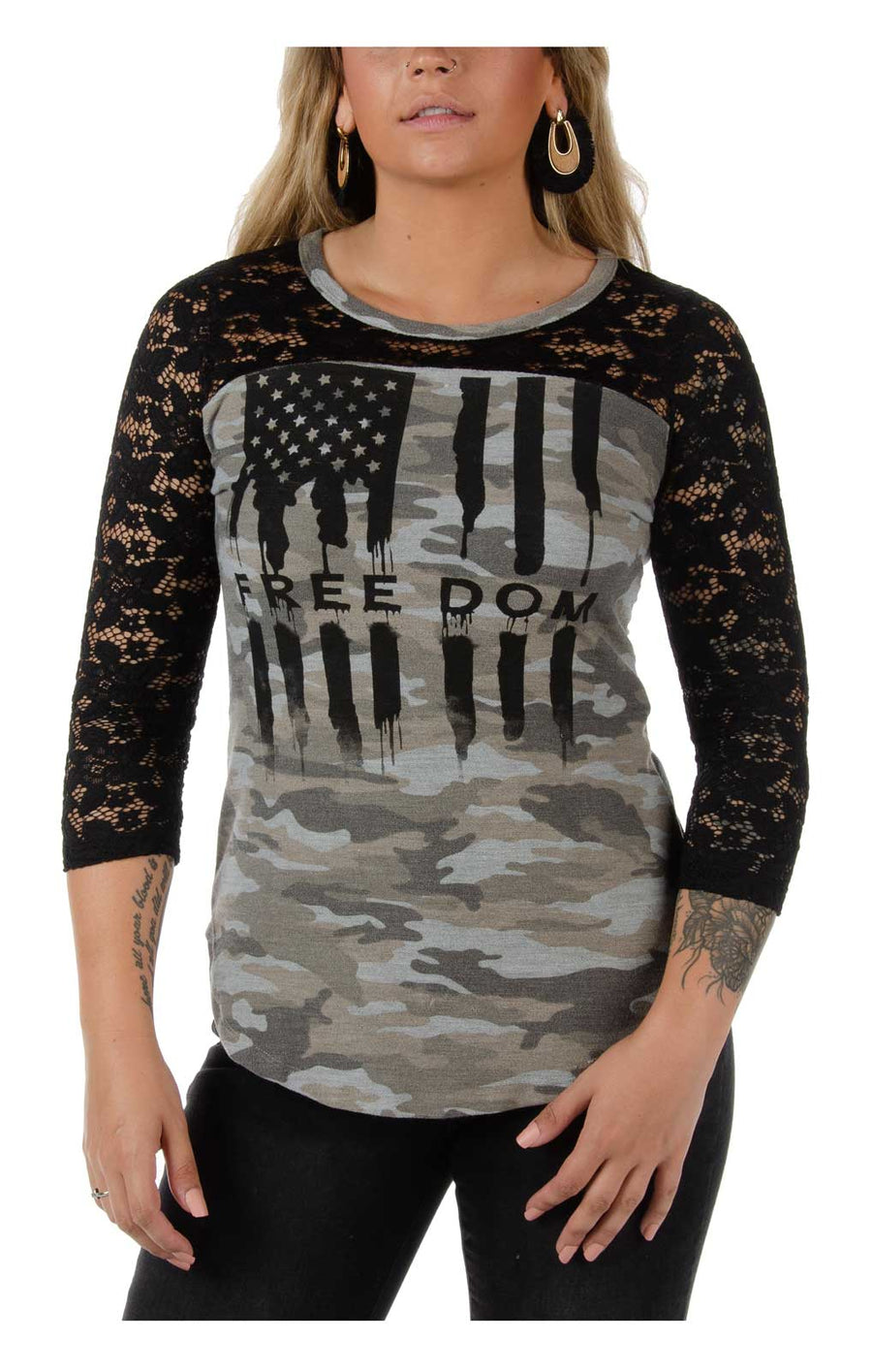 Liberty Wear Women's Bleeding Freedom Flag 3/4 Lace Sleeves Thermal Top - Camo