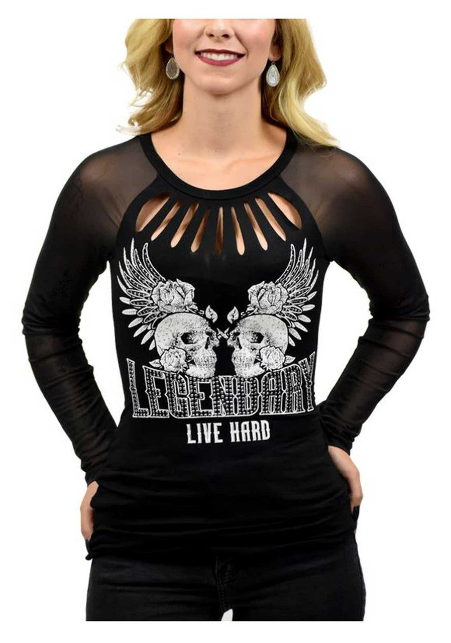 Liberty Wear Women's Live Legendary Mesh Long Sleeve Scoop Neck Shirt - Black