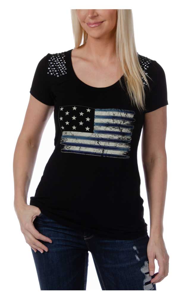 Liberty Wear Women's Liberty Flag Scoop Neck Casual Short Sleeve Tee - Black