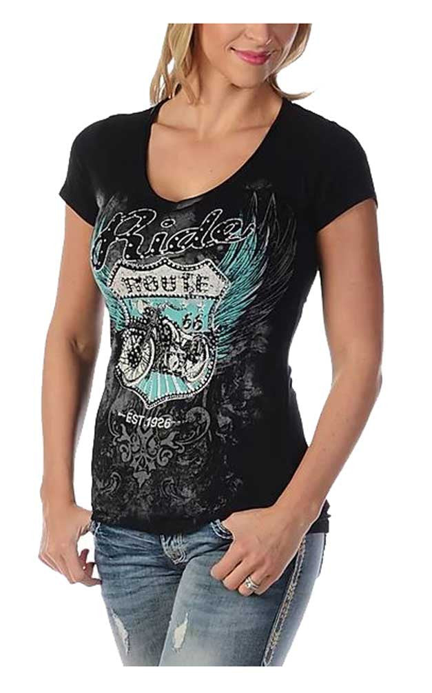 Liberty Wear Women's Bikin' Route 66 Embellished Short Sleeve V-Neck Tee, Black