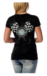 Liberty Wear Women's Bikin' Route 66 Embellished Short Sleeve V-Neck Tee, Black